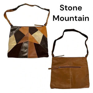 Stone Mountain 14.5"x12"‎ neutral tone leather patchwork boho crossbody bag